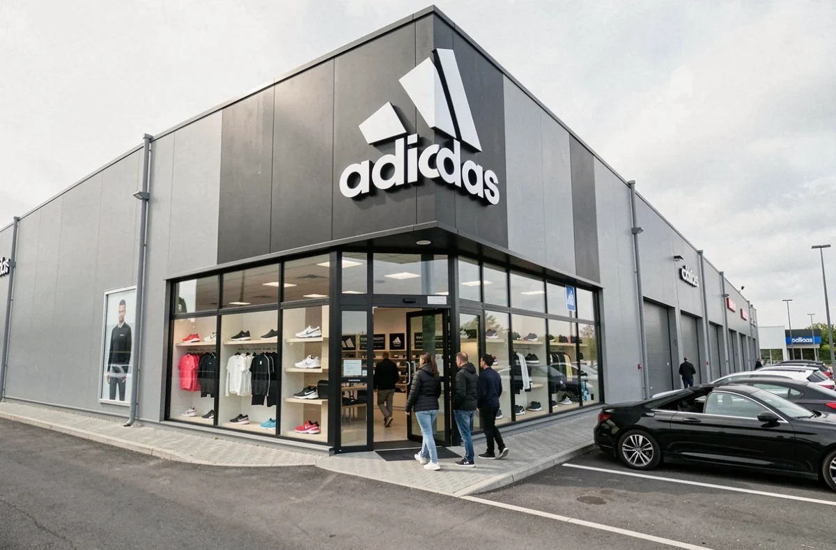 Devanture du magasin d'usine Adidas à Plaisir Les Clayes-sous-Bois avec ses vitrines de chaussures et vêtements de sport