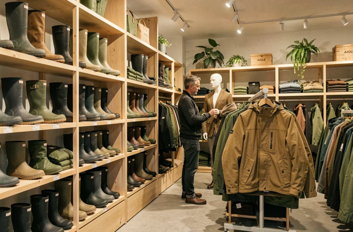 Magasin Aigle Stock à Saint-Germain-en-Laye avec ses bottes en caoutchouc et vêtements outdoor en déstockage