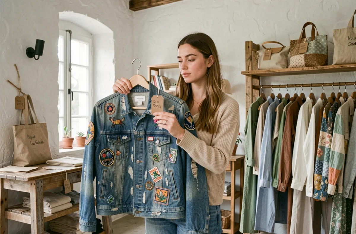 Boutique AMAR Upcycling au Cap-Ferret avec vêtements écoresponsables et pièces upcyclées exposées sur des portants en bois recyclé