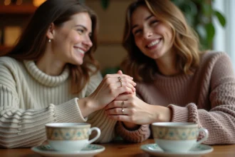 Deux jeunes femmes avec bagues en forme de cœur dans un café chaleureux