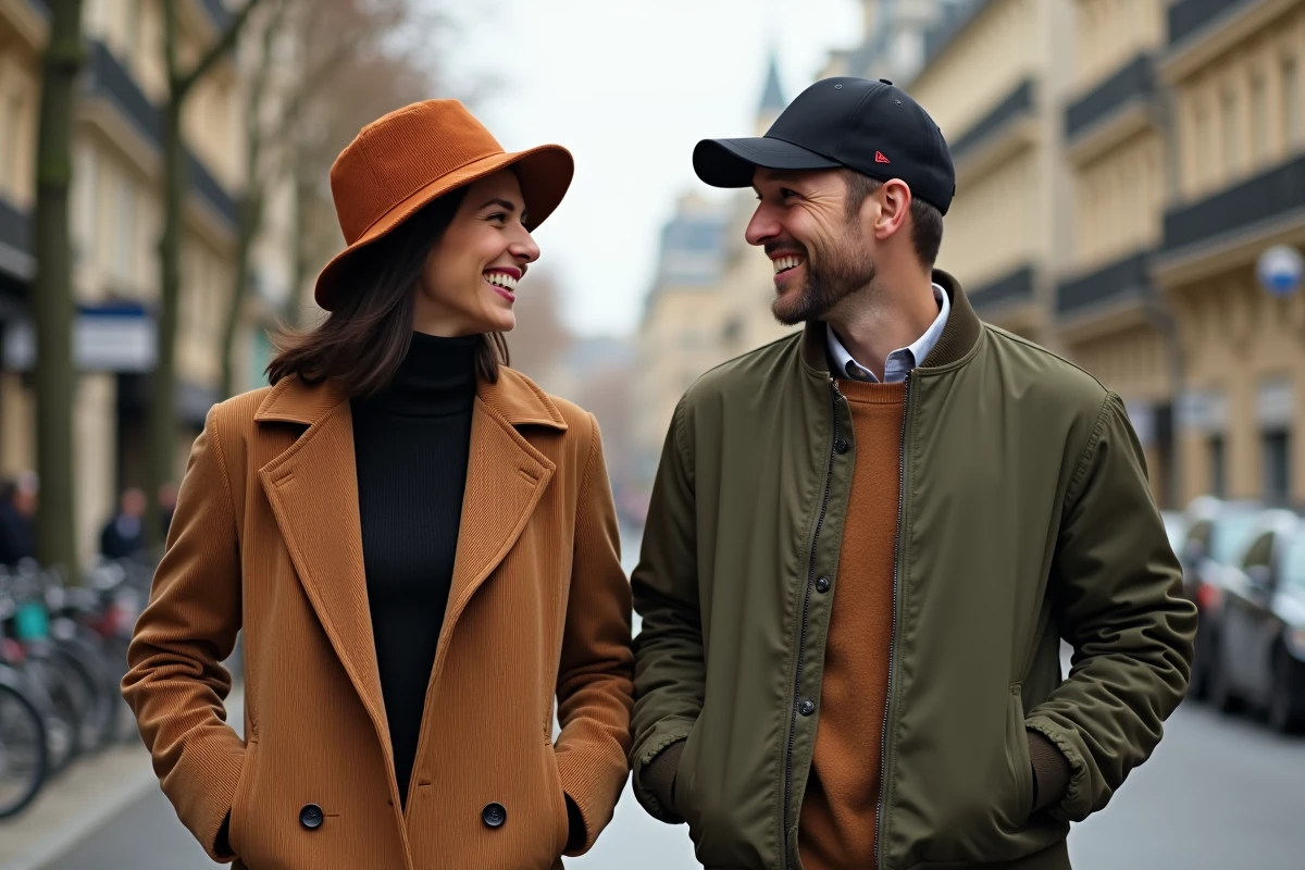Deux amis portant bob et casquette en se promenant sur un boulevard haussmannien, style urbain décontracté qui évite le cliché touriste