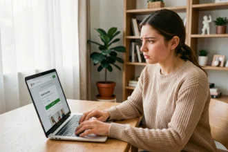 Jeune femme consultant une page d'annulation de commande sur son ordinateur portable pour récupérer un avoir Shein