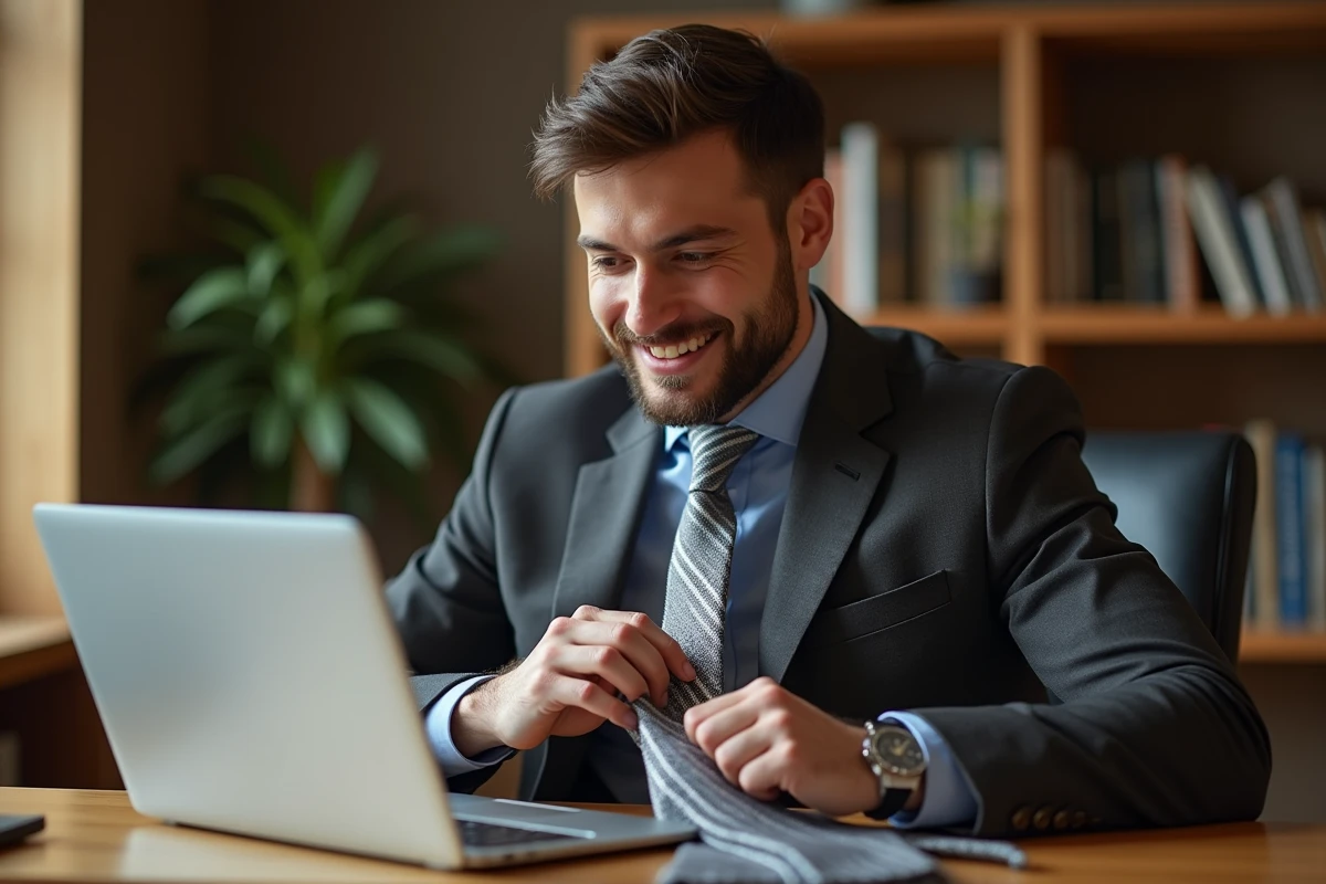 Jeune professionnel apprenant à faire un nœud de cravate double en suivant un tutoriel sur ordinateur portable