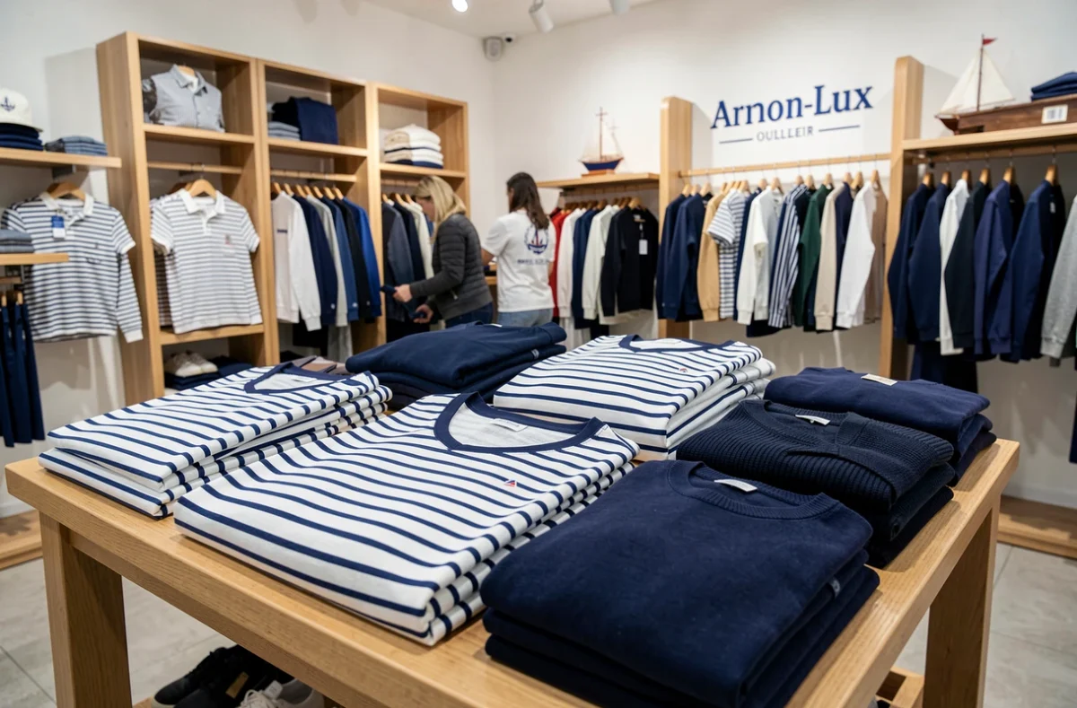 Intérieur du magasin Armor-Lux à Plaisir avec ses marinières rayées et ses vêtements maritimes français bien présentés