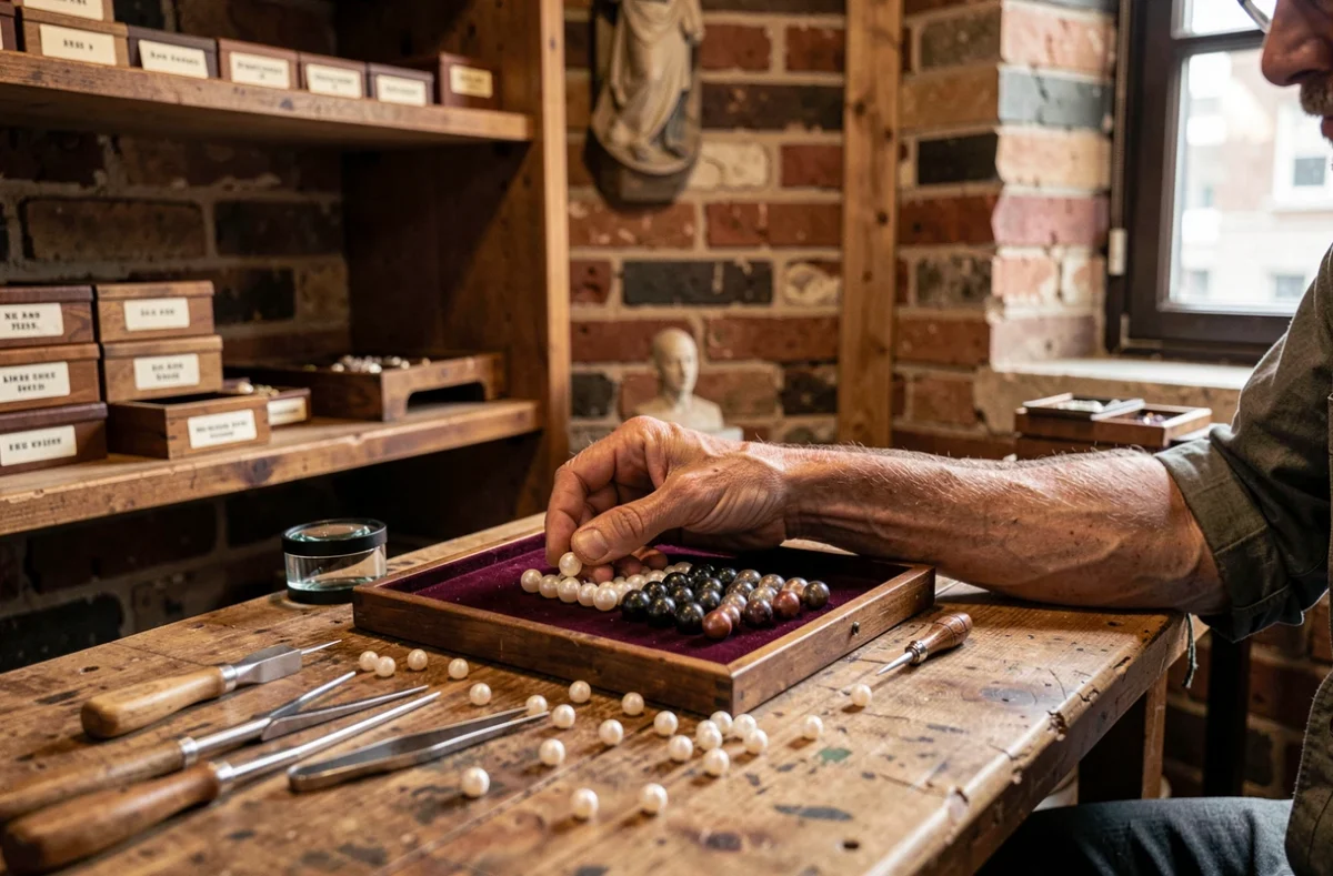 Artisan joaillier comparant des perles de Tahiti et des perles d'eau douce sur un plateau de velours dans son atelier