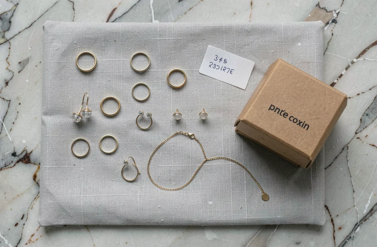Assortiment de bijoux SRD disposés en flat lay sur marbre avec boîte d'emballage