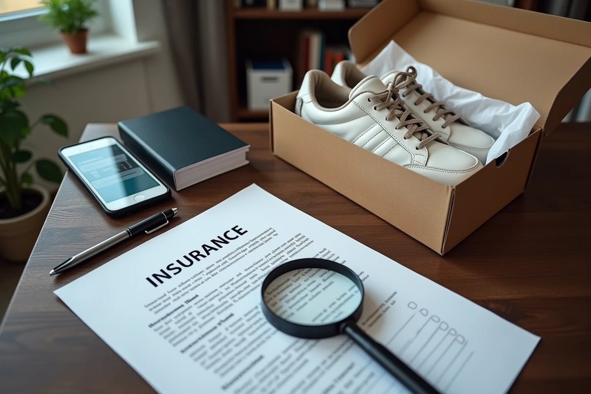 Document d'assurance et loupe posés sur un bureau à côté d'une paire de sneakers haut de gamme dans sa boîte d'origine, illustrant l'assurance des baskets comme objets de luxe