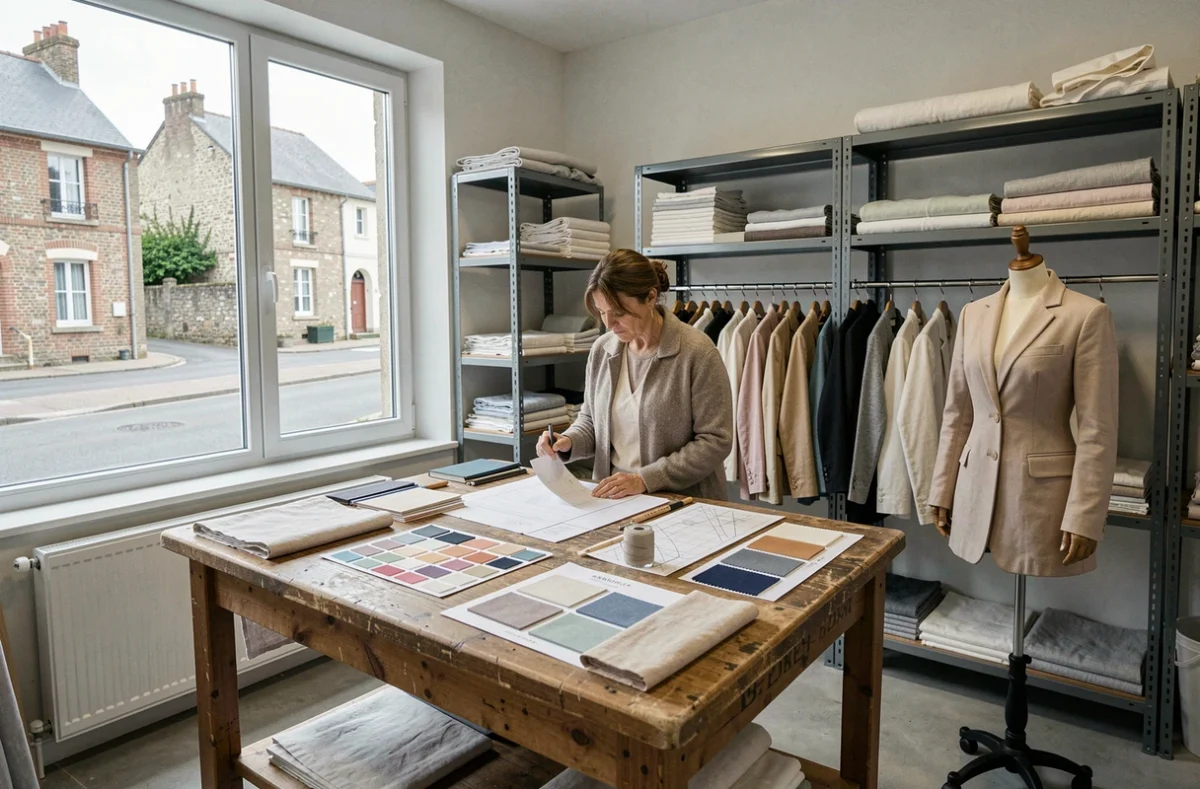 Atelier B à Saint-Jean-le-Blanc, espace de création avec tissus et vêtements de designer en cours de fabrication
