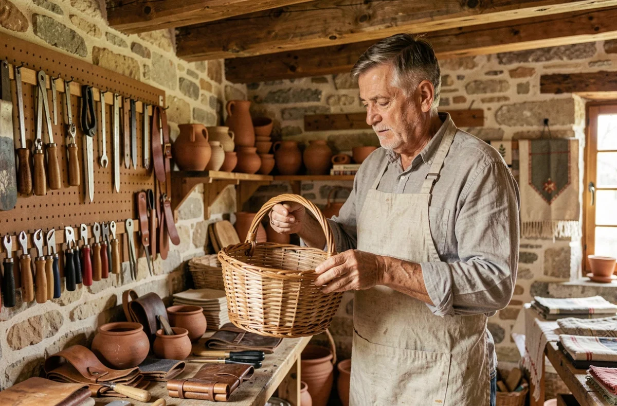 Artisan charentais dans son atelier-boutique L'Atelier du Colporteur entouré de créations artisanales