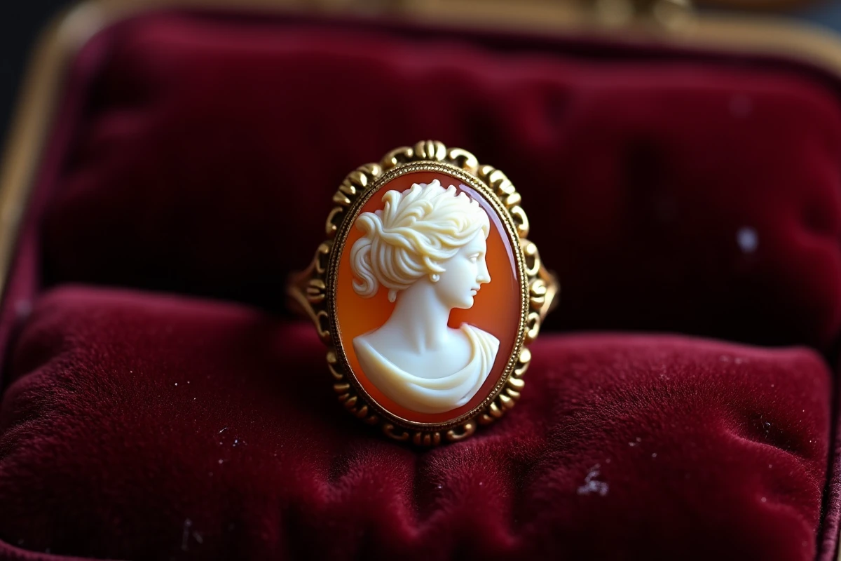 Bague camée antique en coquille sculptée représentant un profil féminin classique posée sur du velours bordeaux, vue de dessus en macro