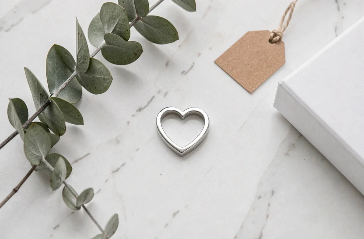 Bague cœur magnétique posée sur marbre blanc avec emballage cadeau et eucalyptus séché, vue de dessus