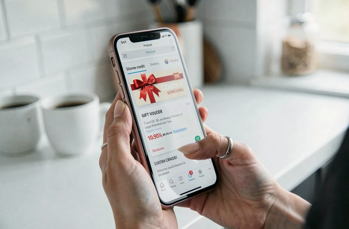 Main tenant un smartphone affichant un bon d'achat ou un avoir suite à l'annulation d'une commande Shein
