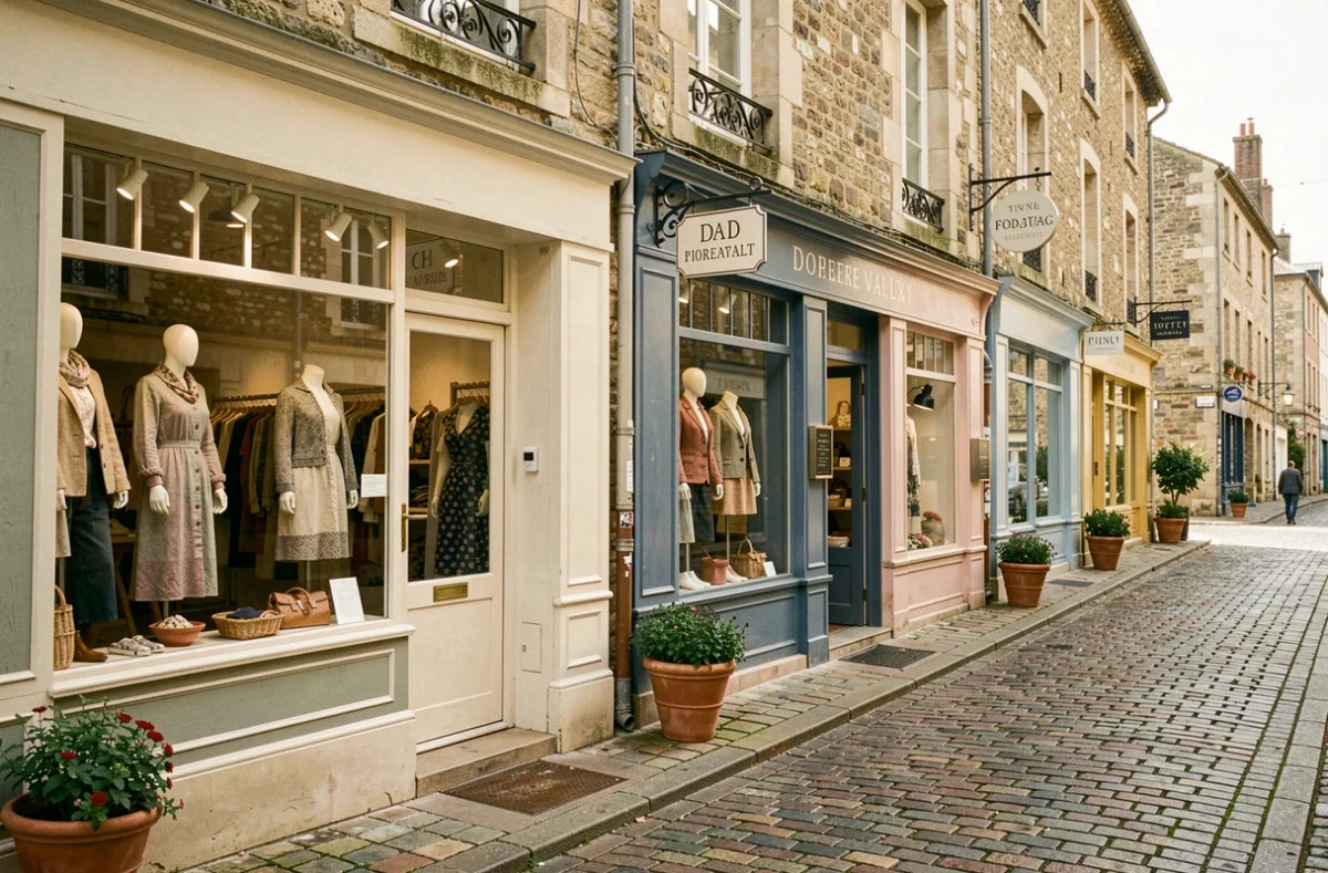 Rue commerçante du Centre-Val de Loire avec vitrines de boutiques de créateurs indépendants
