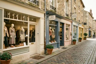 Rue commerçante du Centre-Val de Loire avec vitrines de boutiques de créateurs indépendants