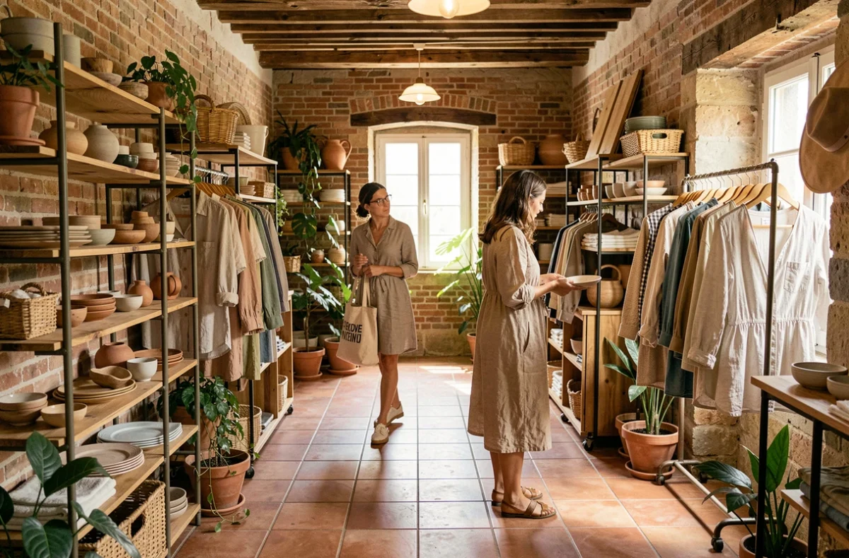 Intérieur d'une boutique de créateurs en Nouvelle-Aquitaine avec mobilier artisanal, céramiques et vêtements exposés