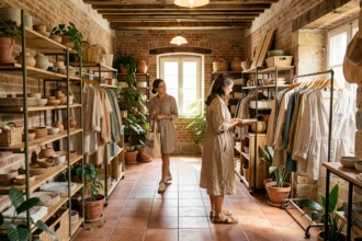 Intérieur d'une boutique de créateurs en Nouvelle-Aquitaine avec mobilier artisanal, céramiques et vêtements exposés