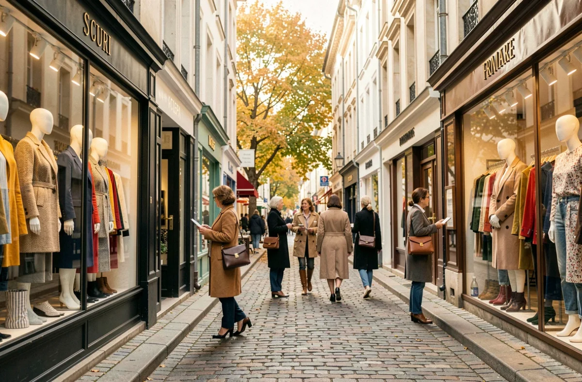 Rue commerçante animée du Puy-de-Dôme avec des boutiques de prêt-à-porter féminin et des vitrines élégantes