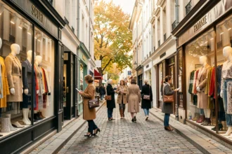 Rue commerçante animée du Puy-de-Dôme avec des boutiques de prêt-à-porter féminin et des vitrines élégantes