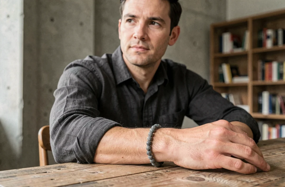 Homme portant un bracelet discret en pierre labradorite grise sur une table en chêne dans un appartement moderne