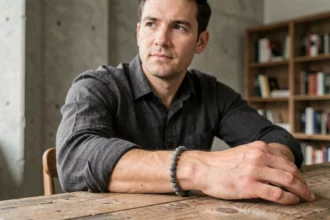 Homme portant un bracelet discret en pierre labradorite grise sur une table en chêne dans un appartement moderne