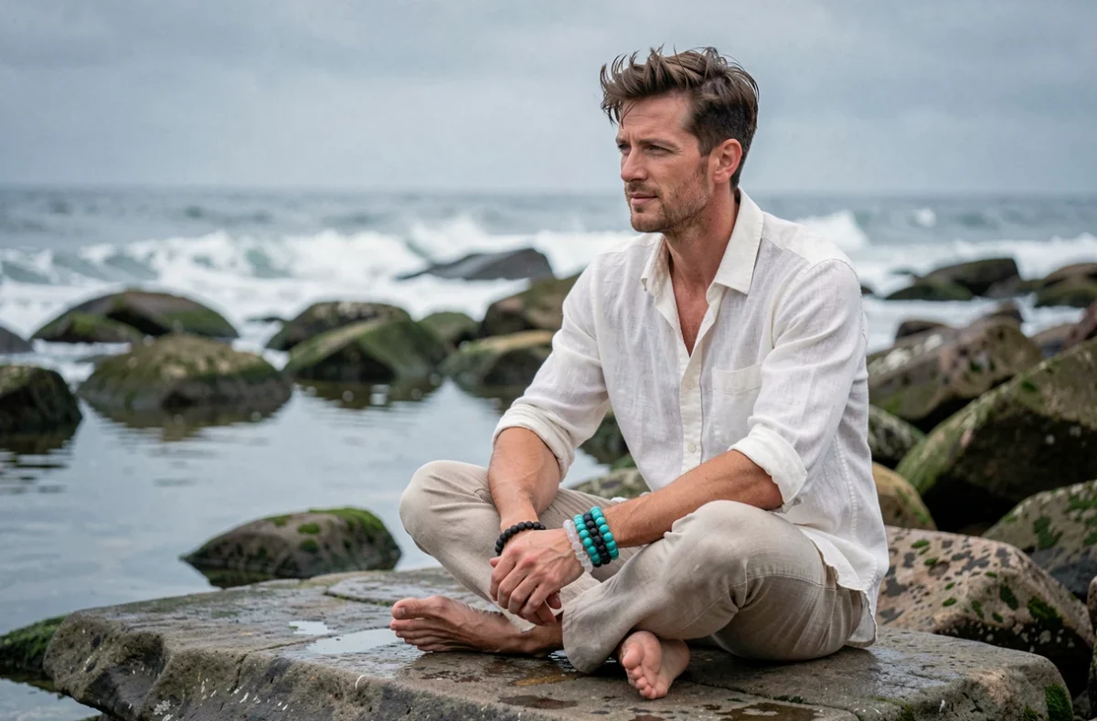 Homme décontracté portant des bracelets empilés en turquoise et quartz fumé assis sur un rocher au bord de mer