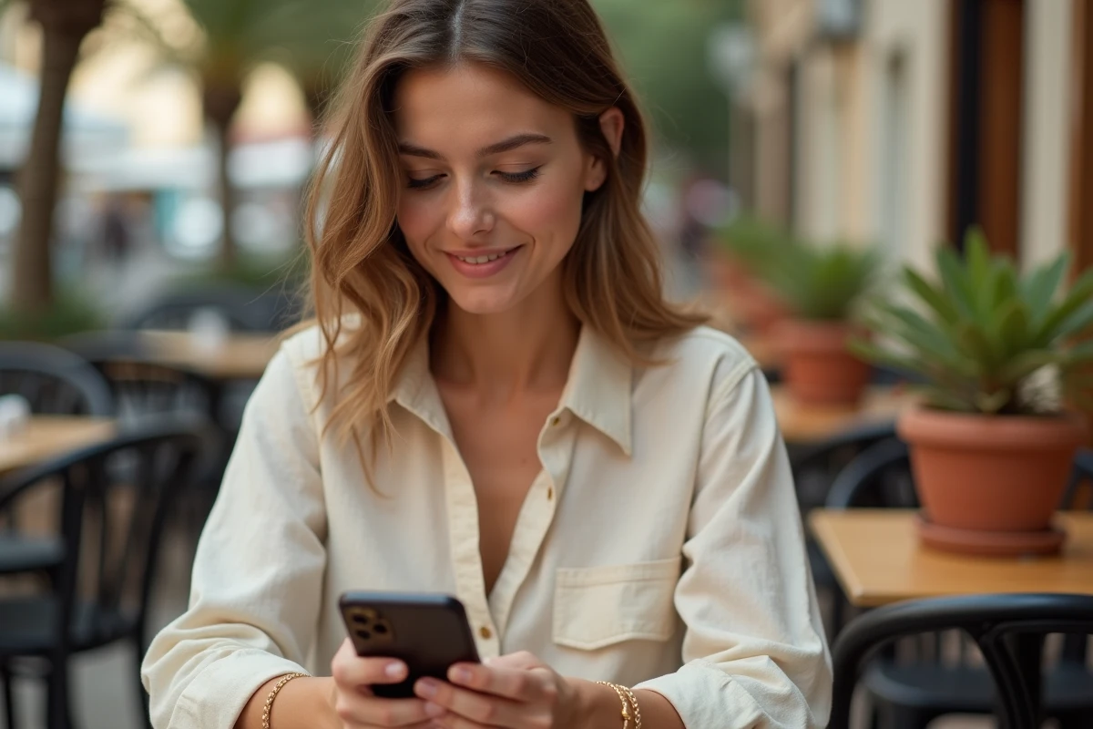 Jeune femme tenant son smartphone avec une chaîne téléphone dorée enroulée autour du poignet dans un café en terrasse