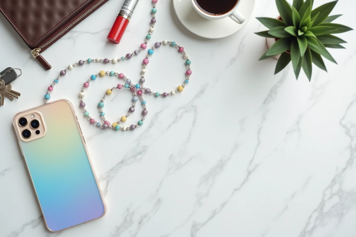 Vue de dessus d'un smartphone avec une chaîne téléphone en perles pastel et argent posée sur une surface en marbre blanc avec des accessoires du quotidien