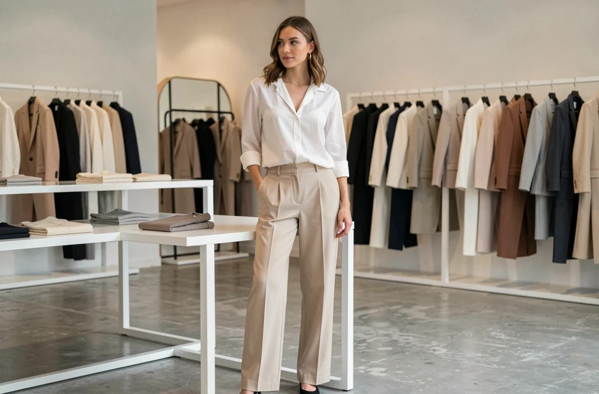 Femme élégante dans la boutique Close de prêt-à-porter créateur féminin à Clermont-Ferrand