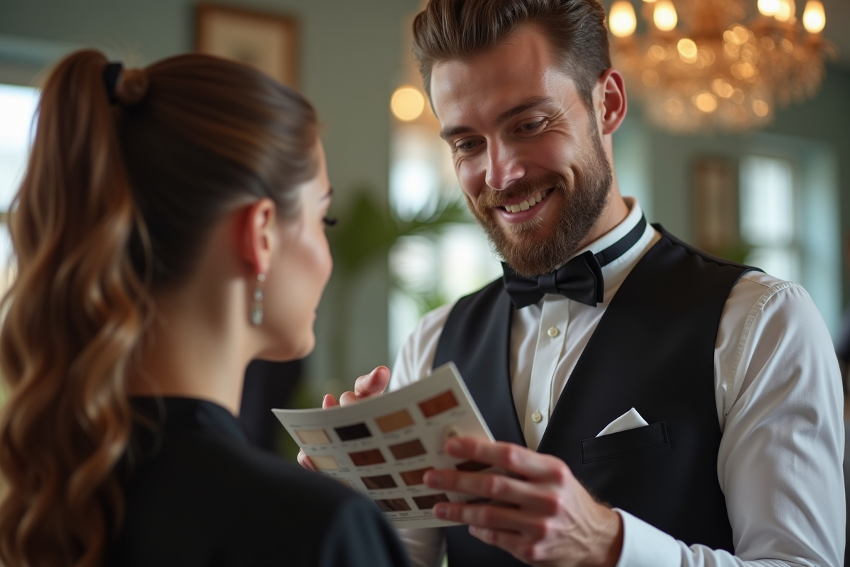 Coiffeur homme montrant des échantillons de couleur à une cliente dans un salon lumineux