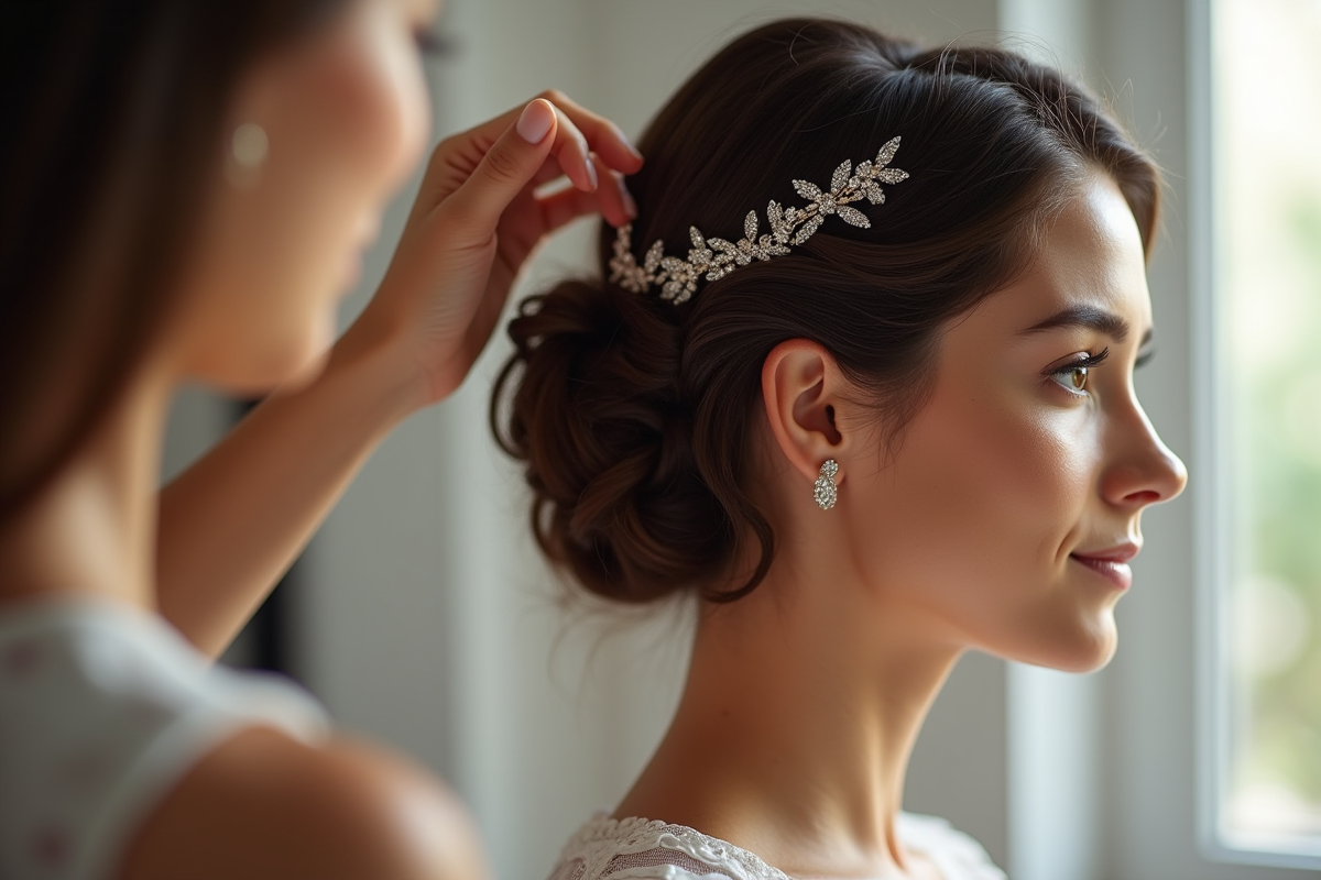 Femme avec cheveux courts et épinglés de mariée