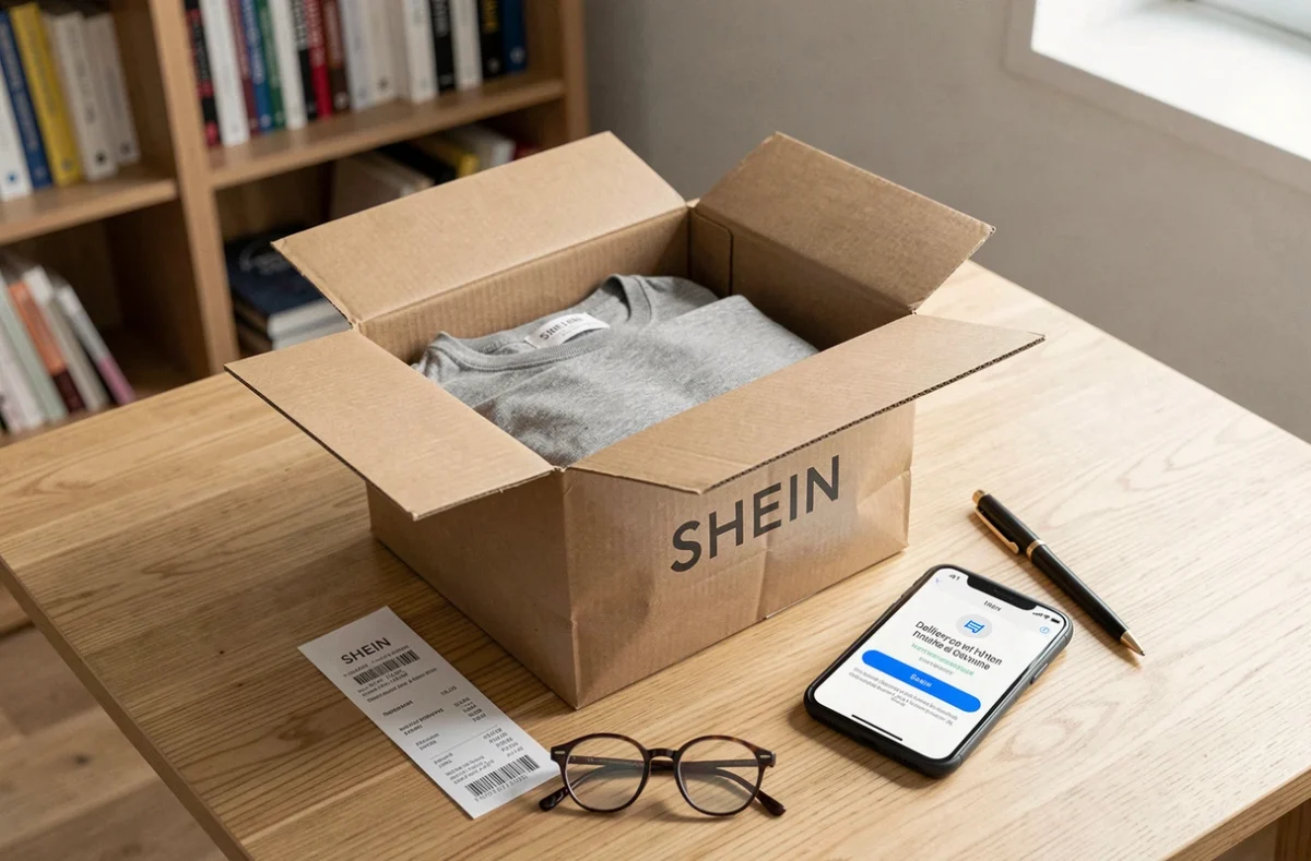Colis Shein ouvert sur un bureau avec bon de livraison et confirmation sur smartphone
