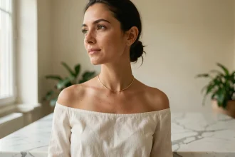 Femme portant un collier choker en vermeil doré sur un top en lin ivoire, style portrait éditorial moderne
