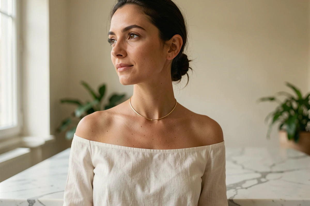 Femme portant un collier choker en vermeil doré sur un top en lin ivoire, style portrait éditorial moderne