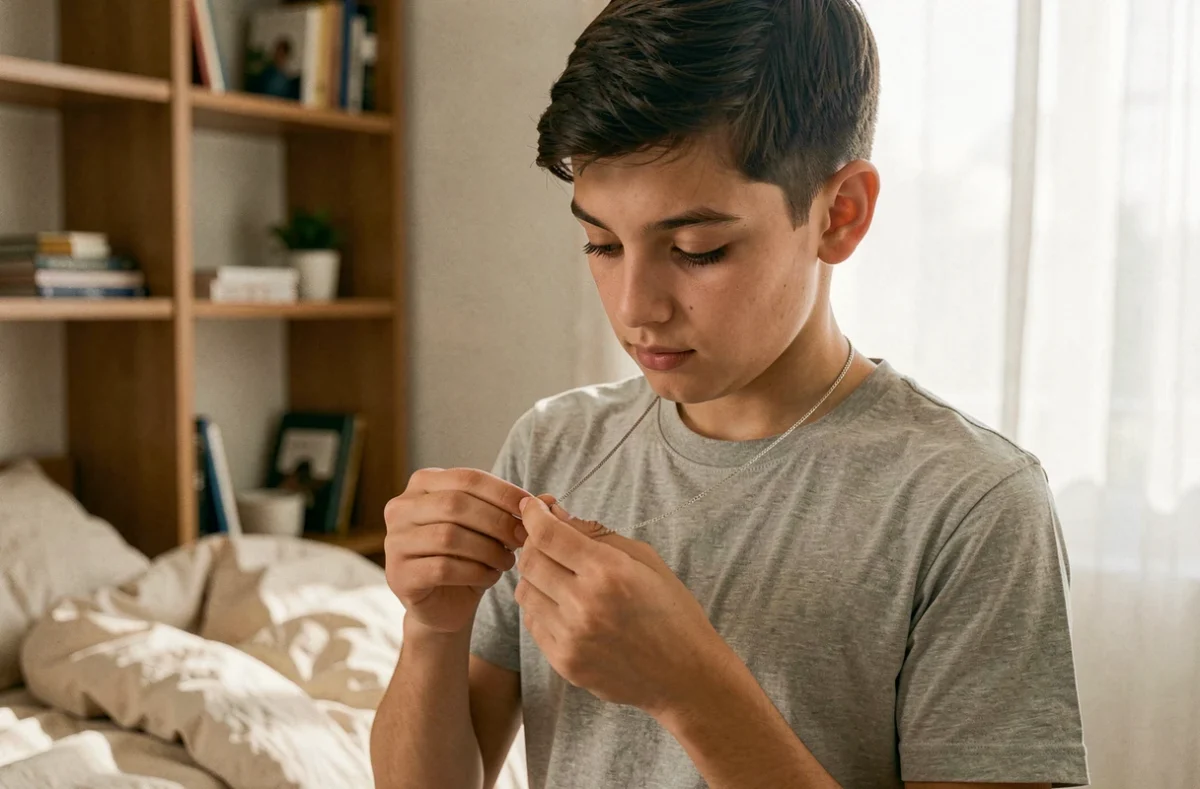 Adolescent tenant un collier hypoallergénique en acier inoxydable dans sa chambre