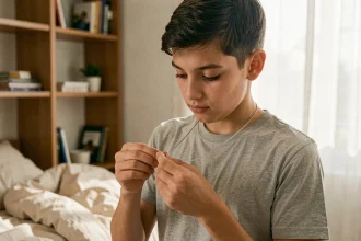 Adolescent tenant un collier hypoallergénique en acier inoxydable dans sa chambre