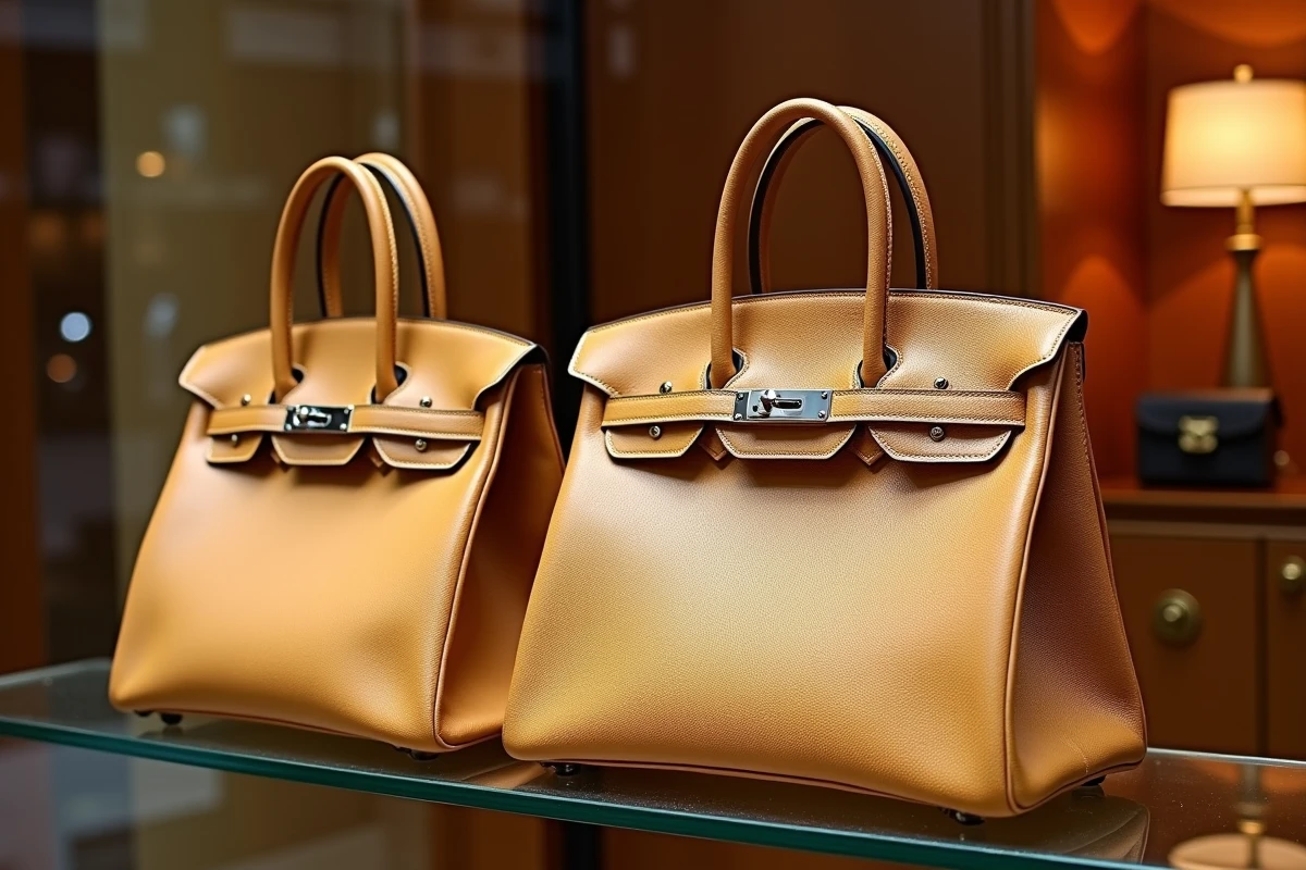 Comparaison de deux sacs Hermès Birkin 30 en cuir togo Etain et epsom Gold sur une étagère en verre dans une boutique de revente de luxe