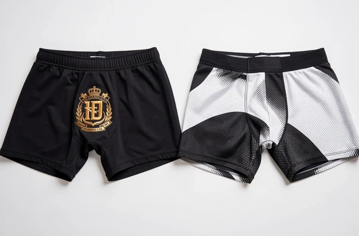 Comparaison côte à côte d'un boxer brodé et d'un boxer imprimé sur fond blanc studio