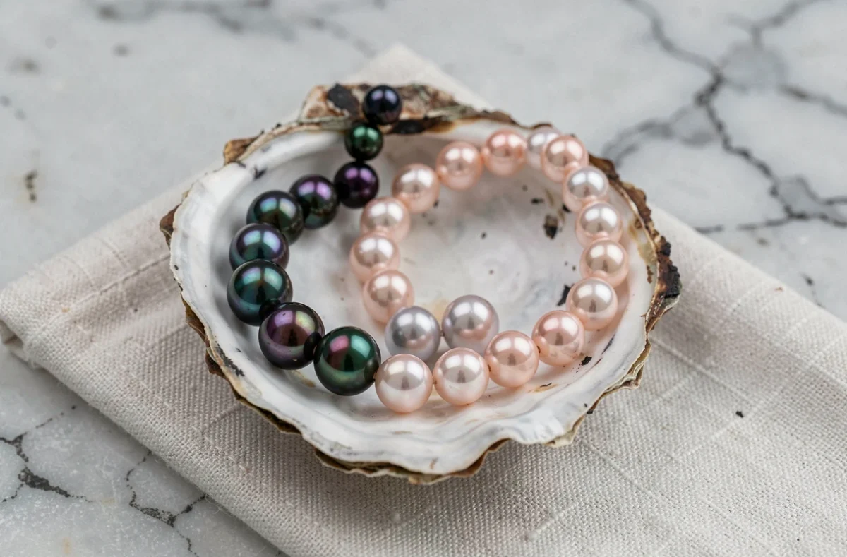 Comparaison entre un collier de perles de Tahiti noires irisées et un collier de perles d'eau douce roses sur une surface en marbre