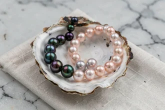 Comparaison entre un collier de perles de Tahiti noires irisées et un collier de perles d'eau douce roses sur une surface en marbre