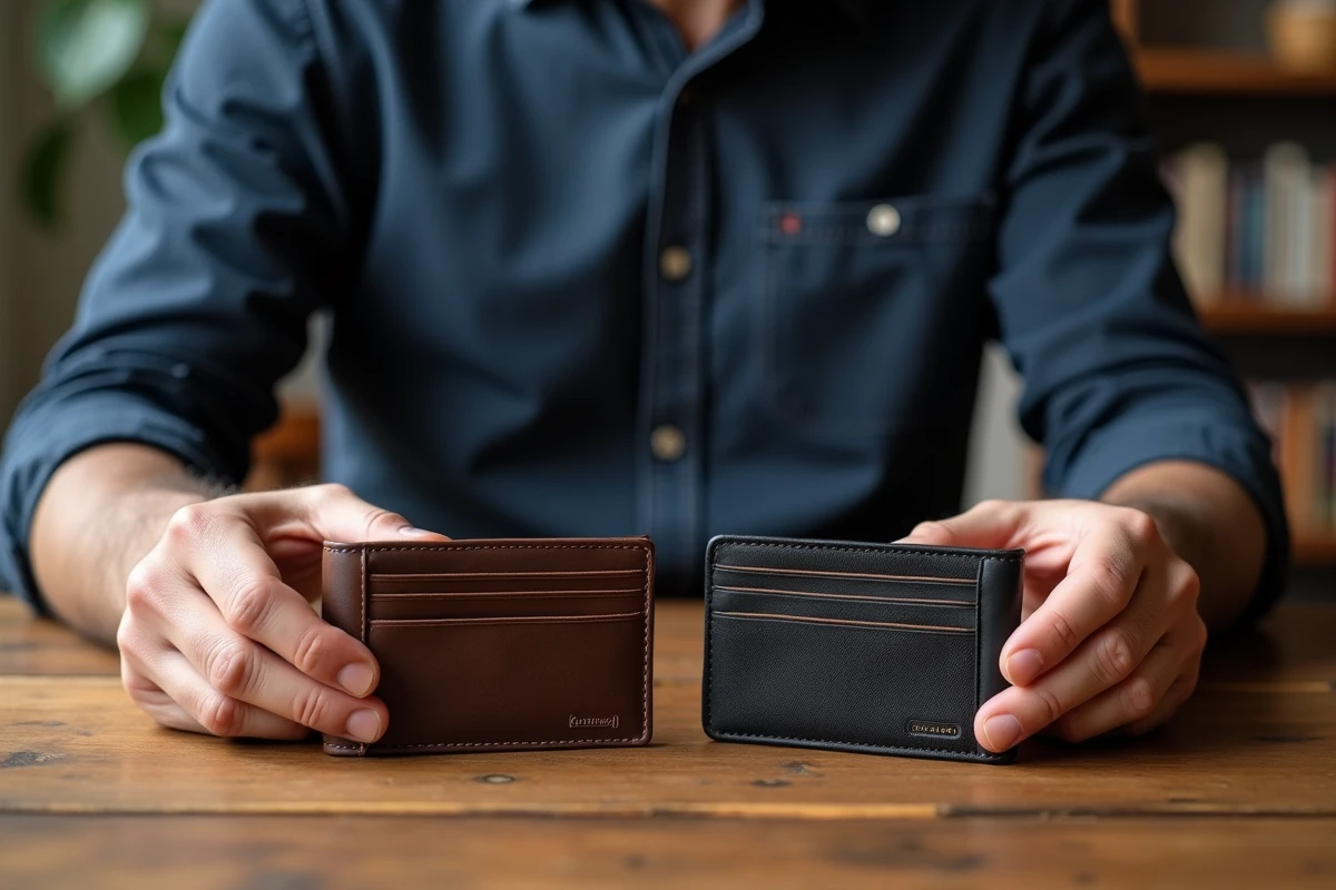 Homme comparant deux porte-monnaie personnalisables en cuir sur un bureau en bois