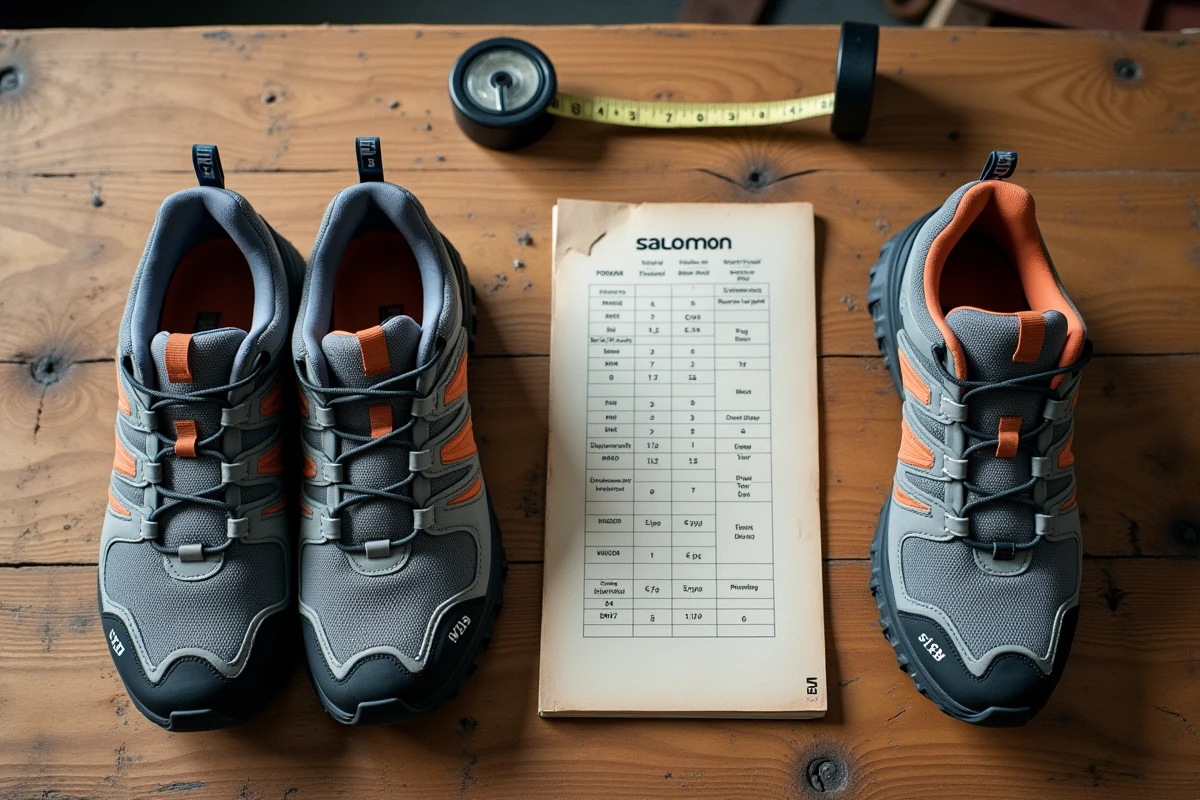 Comparaison de deux paires de chaussures Salomon standard et large avec guide des tailles et mètre ruban sur table en bois
