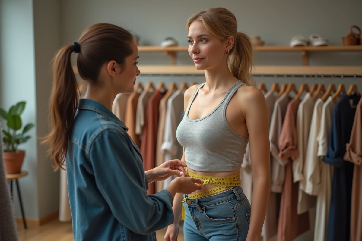 Consultant en mannequinat mesurant une jeune femme en cabine