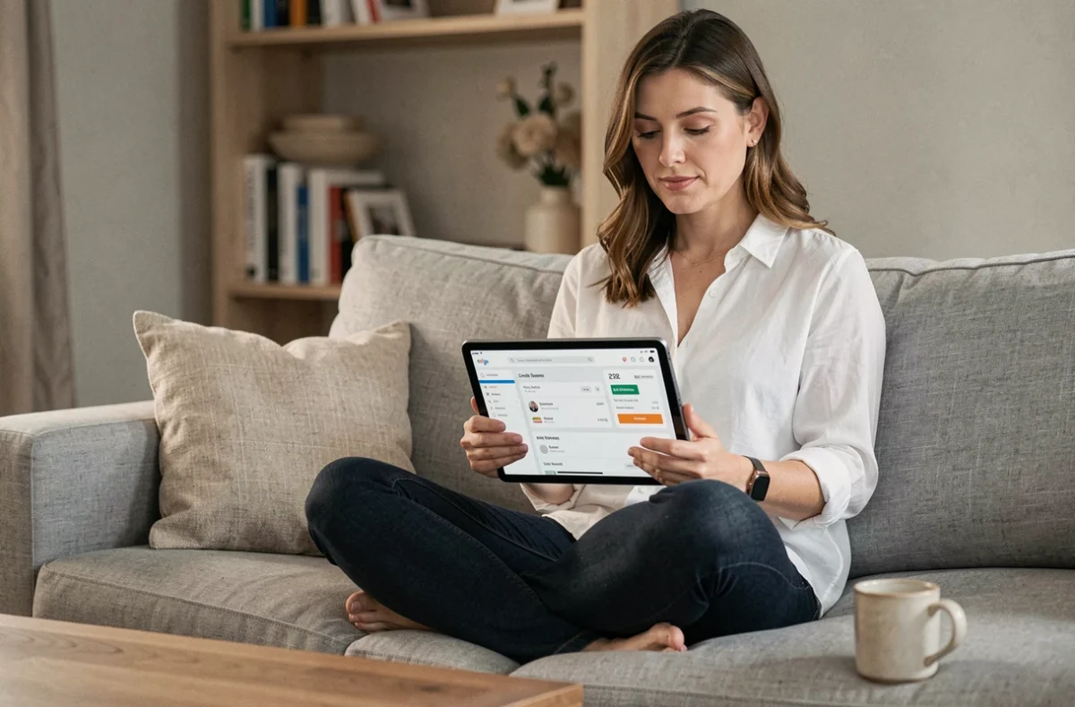 Femme assise sur un canapé consultant l'historique de commande Shein et son solde de bon d'achat sur une tablette