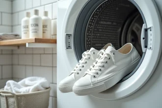 Converse blanches placées dans un tambour de machine à laver avec un filet de lavage et du détergent doux