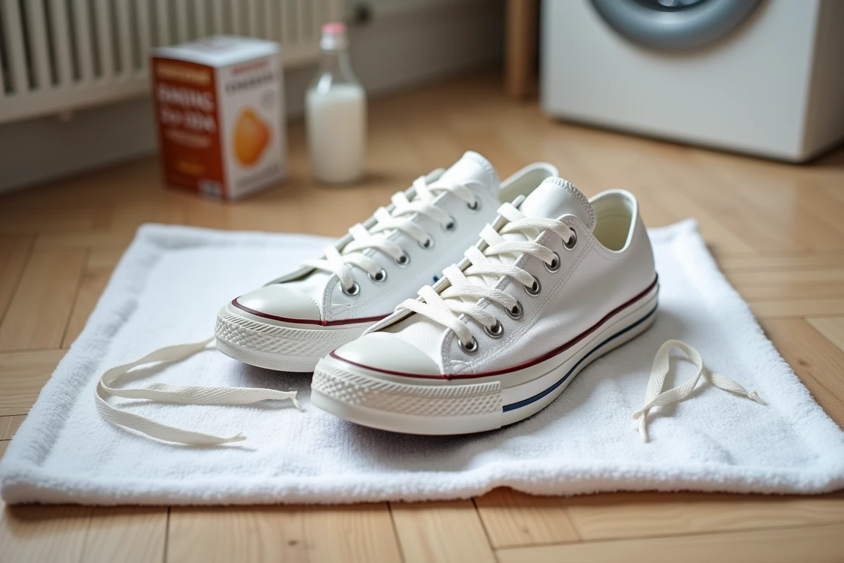 Converse blanches fraîchement lavées posées sur une serviette pour sécher après un lavage en machine