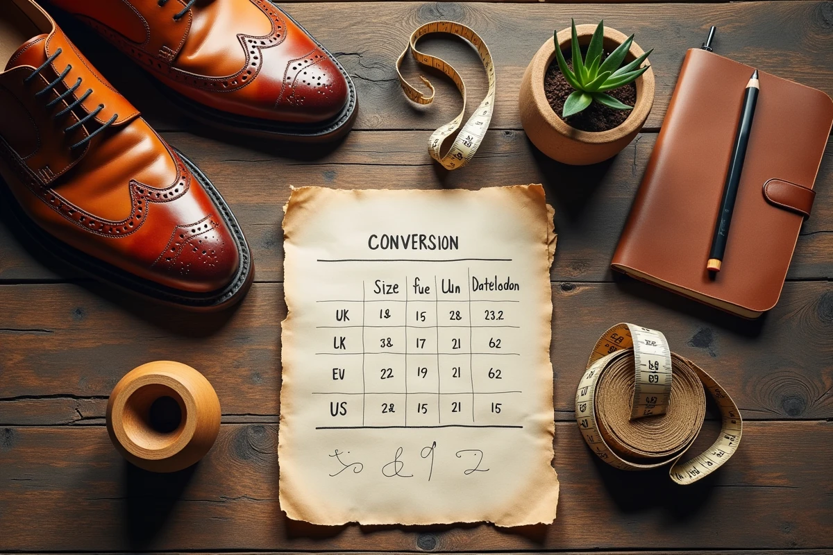 Vue de dessus d'une chaussure en cuir avec un guide de conversion des tailles UK, EU et US