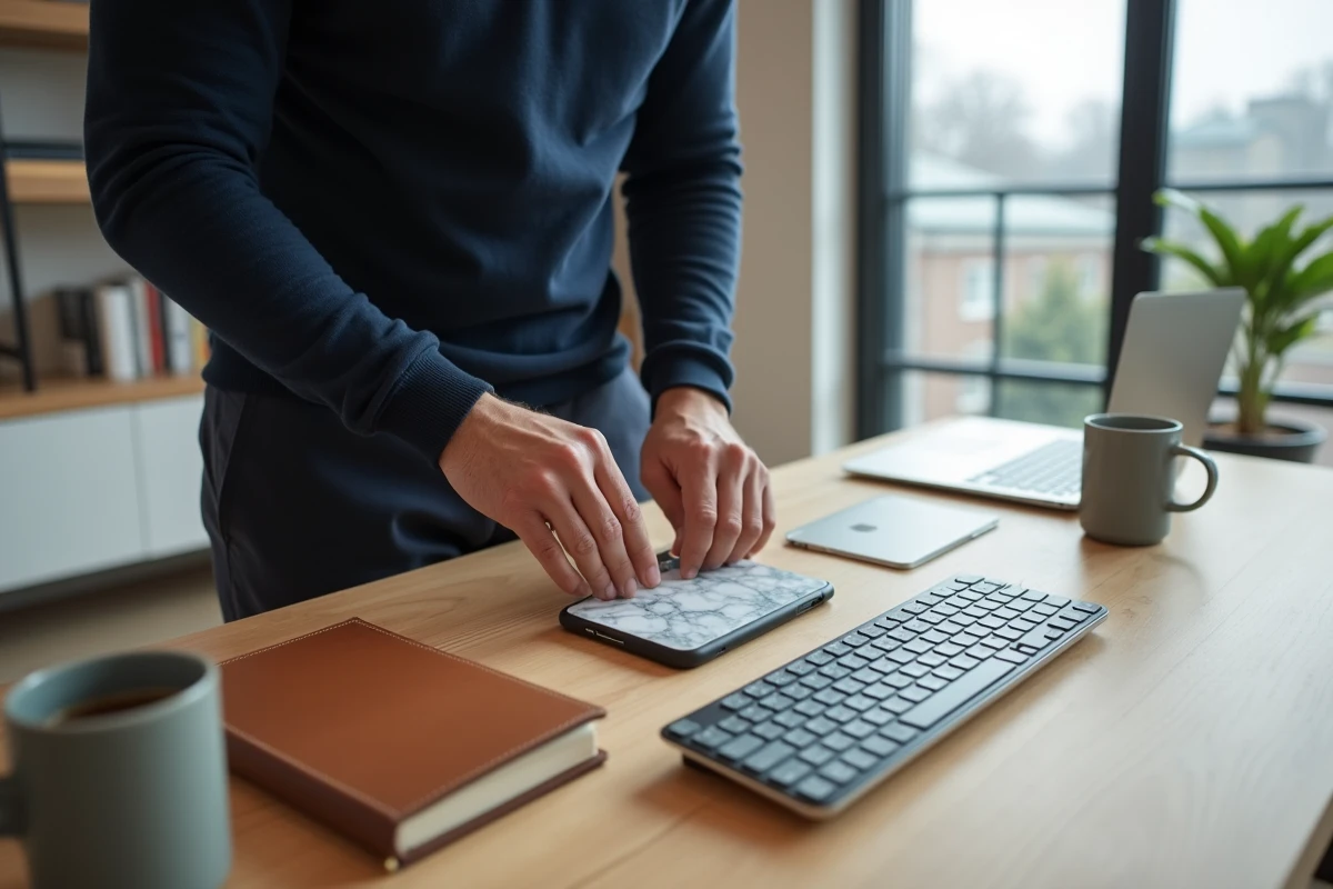 Homme posant une coque téléphone marbrée sur un bureau minimaliste en bois dans un bureau à domicile