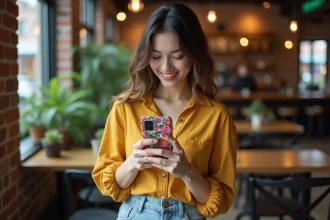 Jeune femme tenant une coque téléphone originale à motifs botaniques dans un café urbain cosy