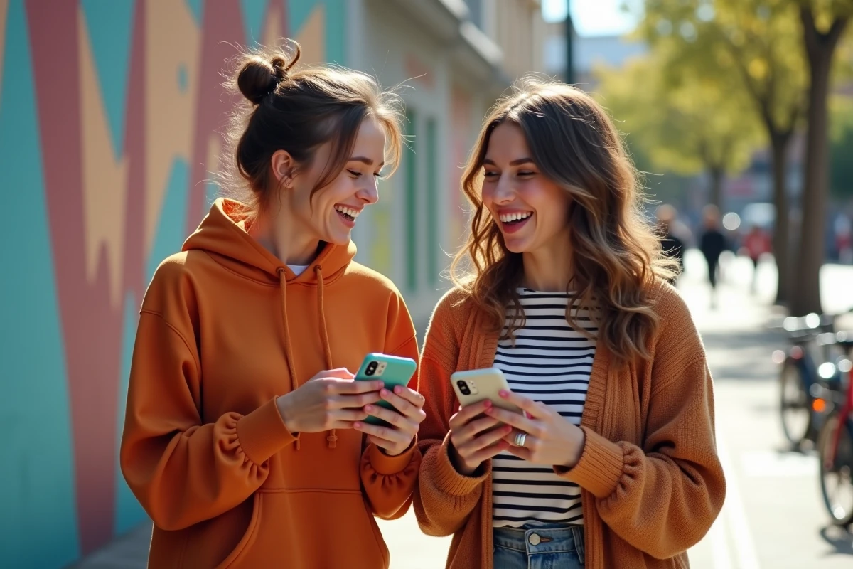 Deux amies comparant leurs coques téléphone colorées et personnalisées dans une rue urbaine animée
