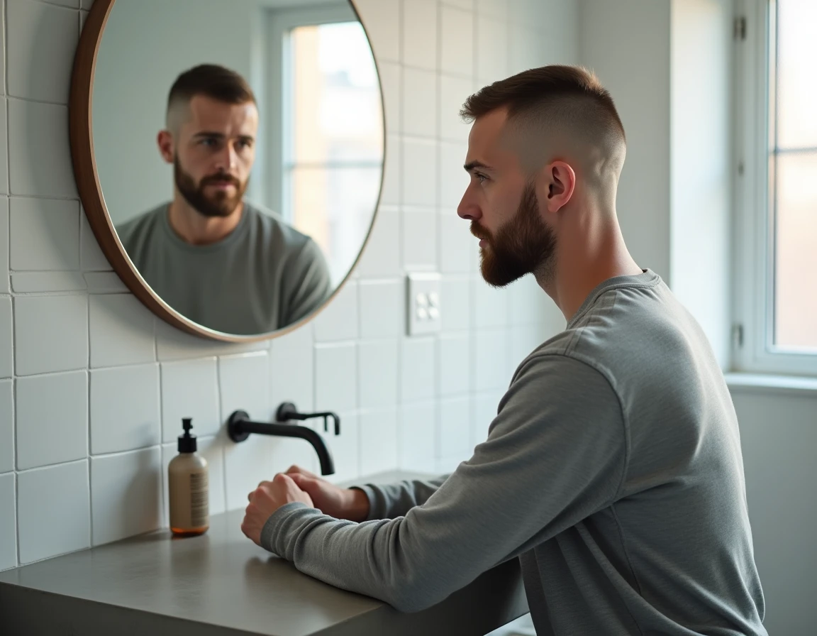 Homme aux cheveux courts buzz cut examinant sa coupe dans un miroir de salle de bain minimaliste moderne